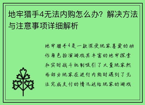 地牢猎手4无法内购怎么办？解决方法与注意事项详细解析